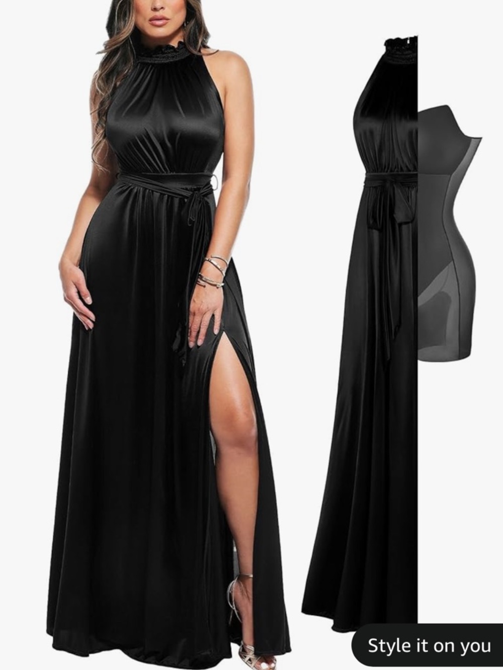 NWOT POPILUSH built in Shapewear Black Halter Maxi Dress with Side Slit